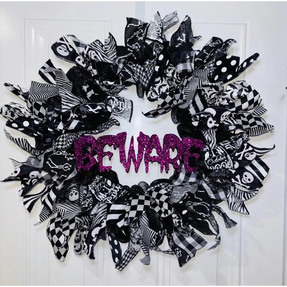 Halloween Wreath Black White Ribbon Beware Purple Glitter Spooky Decor 21 Inch